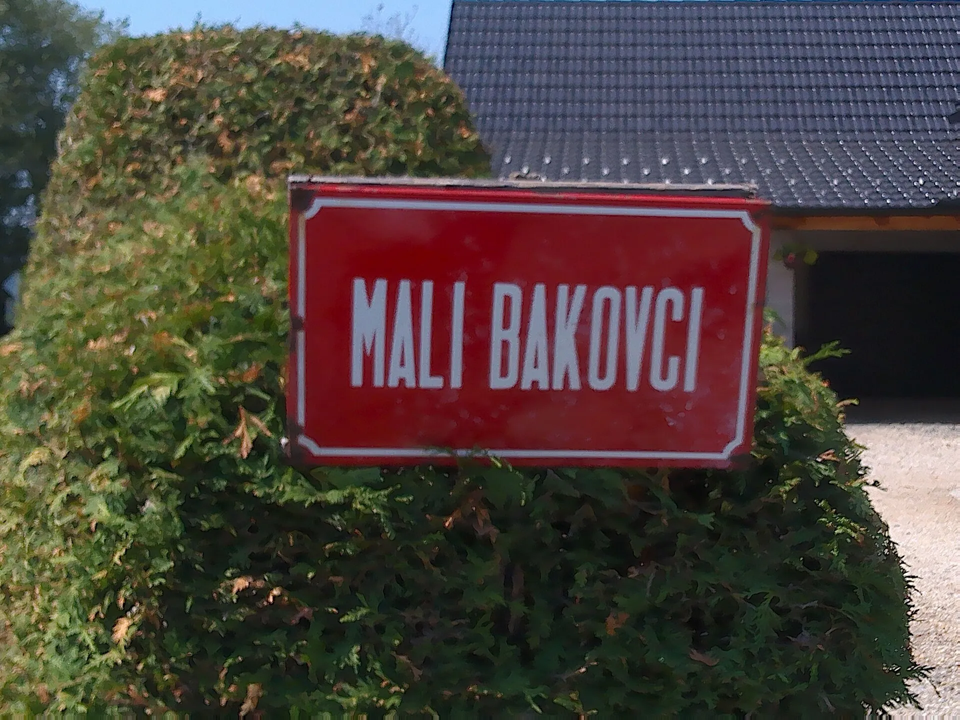 Rotes Ortsschild Mali Bakovci vor einer Hecke